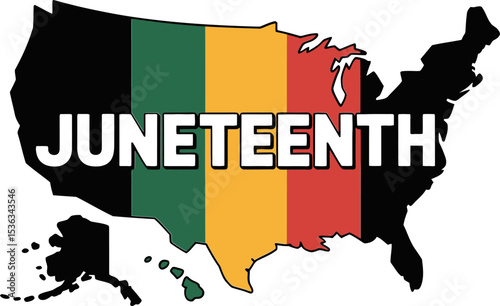 USA map with red black green flag overlay and bold Juneteenth text symbolizing national freedom recognition  
