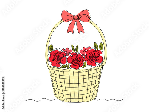 Abstract rose flowers in a wicker basket with a bow, continuous single one line art drawing sketch, logo