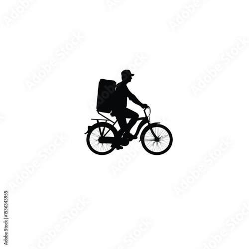 delivery man riding bike silhouette black on white background