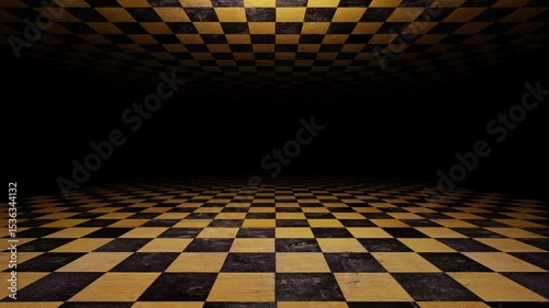 endless camera movement forward into the darkness in a tunnel made of old wooden chessboard. 3d render looped animation.