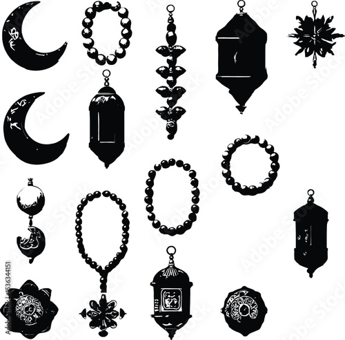 Elegant Jewelry Silhouettes: 15 Ornate Black Outlines of Crescent Moons, Beaded Necklaces, Pendants, and Decorative Designs