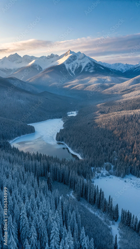 Obraz premium Majestic Snowy Alpine Valley with Winding Frozen River Lake