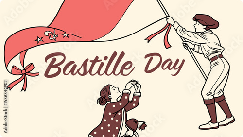 A girl and boy celebrate bastille day by holding a french flag illustration