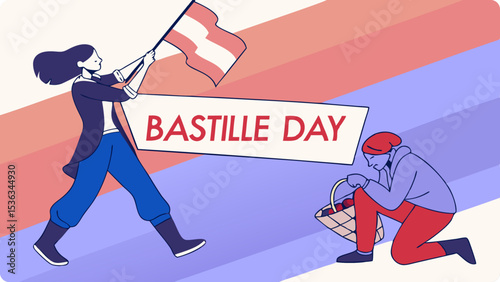 A woman carries a french flag while a man kneels beside a basket of apples, celebrating bastille day