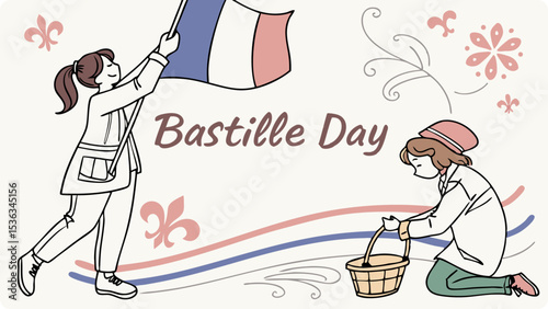 Two girls celebrate bastille day, one holding a french flag, the other carrying a basket