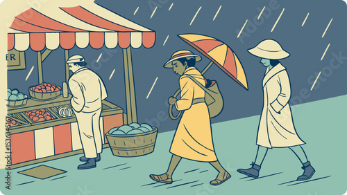 People walking in the rain on a city street, passing a fruit and vegetable market