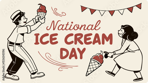 A retro illustration celebrates national ice cream day with a man and woman enjoying ice cream cones