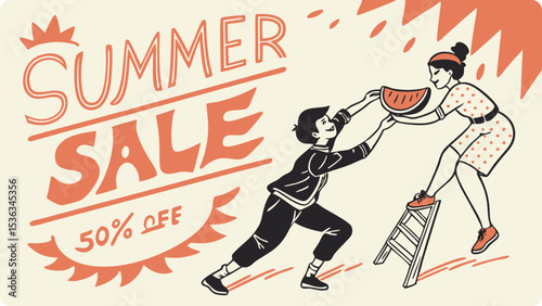 A boy and a girl share a slice of watermelon during a summer sale event