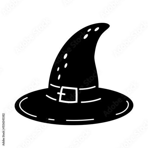 Black witch hat doodle. Spooky Halloween festive object. Hand drawn vector illustration in flat style
