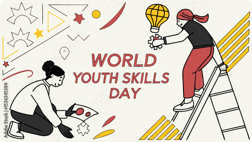 World youth skills day illustration showing two young people working together towards a goal
