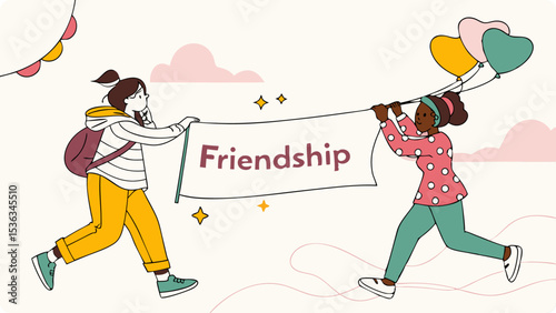 Two girls joyfully hold a friendship banner while balloons float above them
