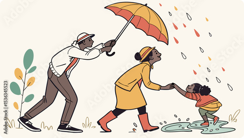 A happy family walks in the rain, the father holding an umbrella over his wife and daughter splashing in a puddle