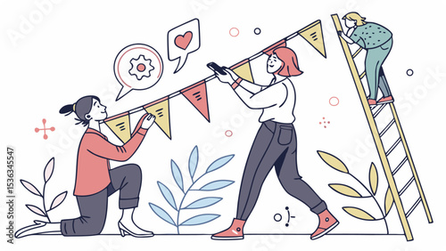 Two women and a girl collaborate to hang colorful party decorations
