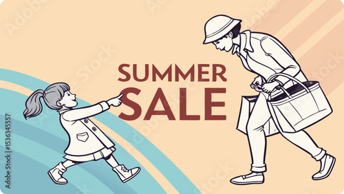 A little girl points to a summer sale sign as a woman walks by carrying shopping bags