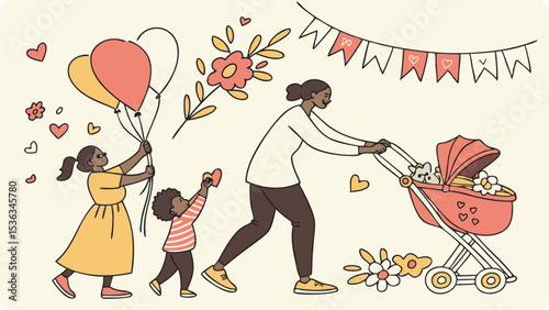 A happy family enjoys a sunny day outdoors, with a mother pushing a stroller while her children hold balloons and flowers