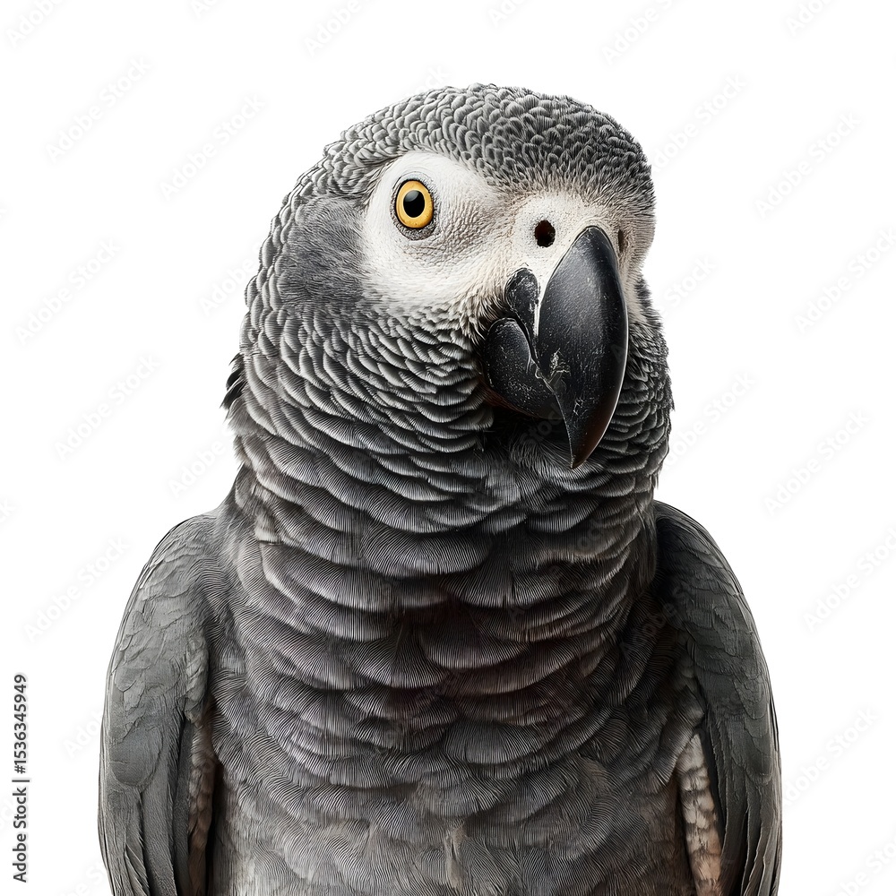 Fototapeta premium Close-up portrait of a gray parrot showcasing intricate feather details against a plain background
