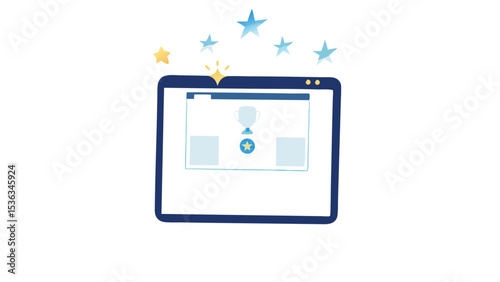 Celebrating digital achievement with a trophy and stars on screen a symbol of success in clean line