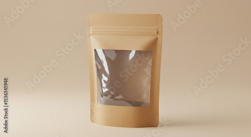 A realistic 3D render of a kraft paper pouch packaging with a transparent window