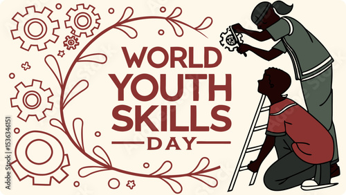 World youth skills day illustration shows two young people working together on a gear mechanism