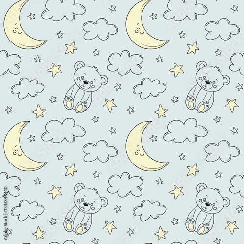 Cute Hand-Drawn Teddy Bear & Moon Seamless Pattern for Baby Clothes and Nursery Decor in Pastel Blue