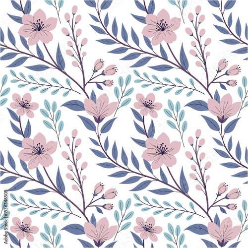 Hand-Drawn Seamless Pattern: Spring Blossoms and Leaves in Pink & Teal