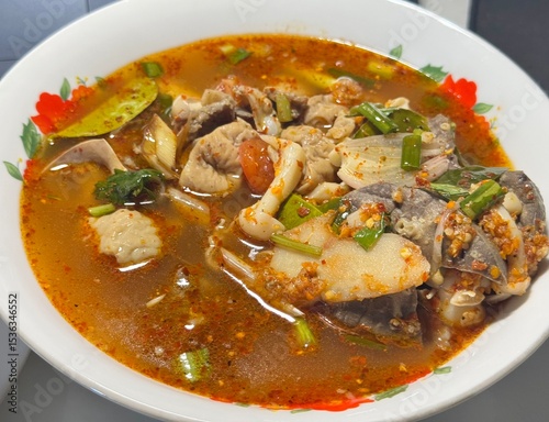 Tom Saap, spicy soup, Thai soup, offal soup, pork offal, authentic Thai, street food, Thai cuisine, Asian food, hot and sour, chili, lime, herbs, traditional, flavorful, invigorating, comforting, deli