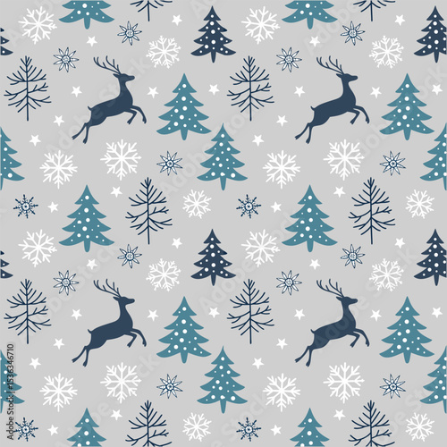 Seamless Christmas Pattern with Snowflakes, Reindeer, and Trees in Icy Blue and Silver