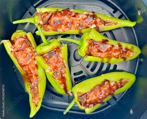 Stuffed bell peppers, stuffed capsicum, minced pork, pork stuffed peppers, Thai food, Chinese food, Asian food, home cooking, comfort food, delicious, savory, appetizing, healthy, homemade, main cours