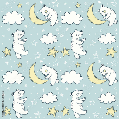 Cute Hand-Drawn Teddy Bear & Moon Seamless Pattern for Baby Clothes and Nursery Decor in Pastel Blue