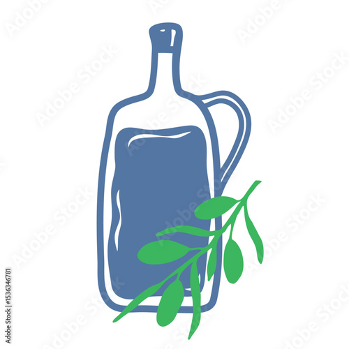Hand drawn bottle olive oil in doodle style. Mediterranean summer сoastal element for italian menu, wedding, print, invitation. Ink sketch olive design of Amalfi beach. Flat minimal vector illustratio