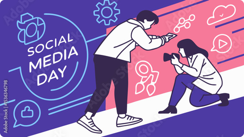 Two people collaborate on a social media campaign, one adding content while the other photographs the scene