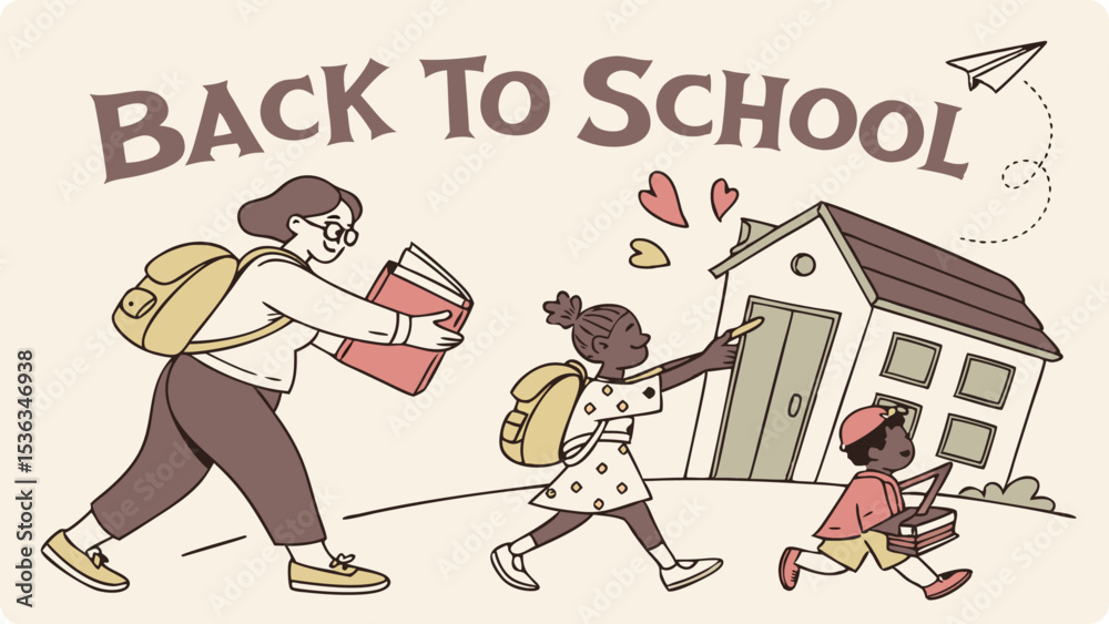 Obraz premium A teacher and two children walk happily to school carrying backpacks and books