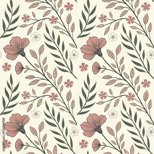Hand-Drawn Seamless Pattern: Delicate Floral Branches with Pink & White Blooms