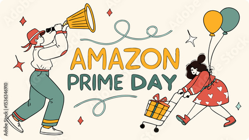 A cheerful cartoon illustration announces amazon prime day with a person using a megaphone and another pushing a shopping cart with a gift