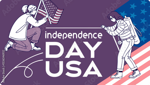 Two women celebrate independence day usa, one holding an american flag, the other pulling a rope