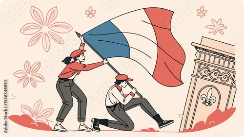 Two people carry a large french flag near a triumphal arch