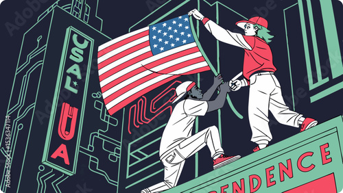 Two young men raise an american flag at night in front of a building with independence written on it