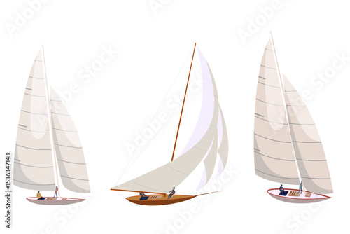 Set sailing yacht with sailor. Travel in ocean, sea under sail