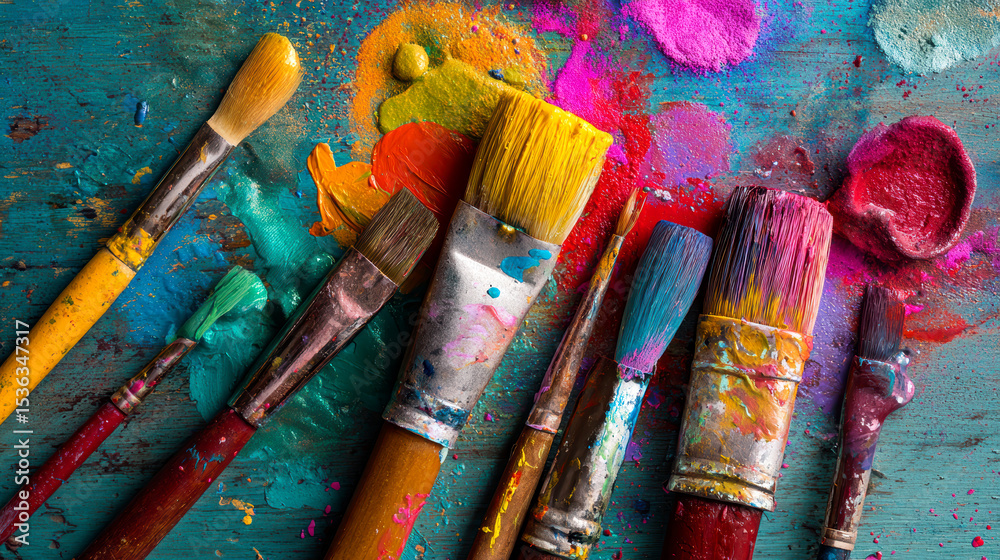 Fototapeta premium Colorful Paint Brushes and Splashes on Wooden Table Surface
