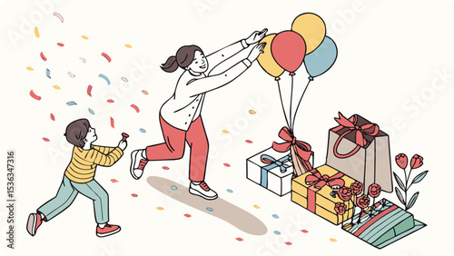 A woman and child celebrate with gifts and balloons
