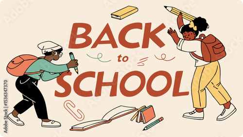 Two children with backpacks draw on a wall with the words back to school