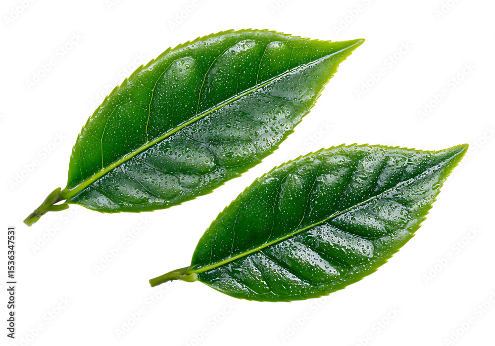 Fototapeta premium Two vibrant green tea leaves glistening with dew drops isolated on black background,On Transparent Background, Isolated on white