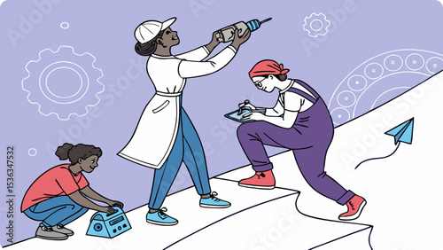 Three women collaborate on a project, showing teamwork and progress towards a goal