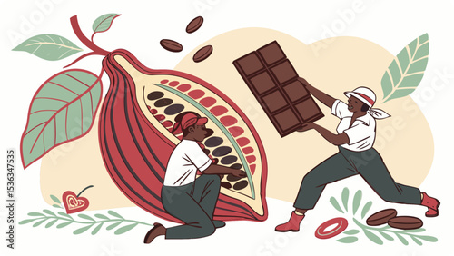 Two farmers harvest cocoa beans and create a chocolate bar from the cocoa pod