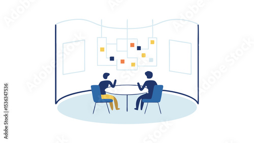 Two people brainstorming ideas at a round table inside a modern office space with whiteboard wall