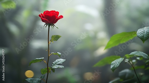 A single red rose standing tall in a misty garden with a blurred background of green leaves