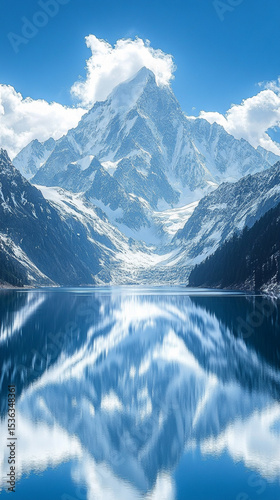 A sleek mirrored pyramid rises in a snowy mountain setting. Futuristic and surreal, it reflects sky and peaks, evoking mystery, stillness, and conceptual design with side caption space.

