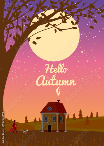 Hello Autumn poster, old home building