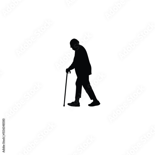 old man walking with stick silhouette on white background