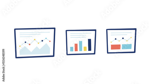 Charting Progress Three different data visualizations show market analysis and performance reports